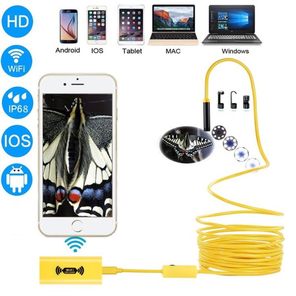 1200P HD Pixels WiFi Endoscope Snake Tube Inspection Camera with 8 LED, Waterproof IP68, Lens Diameter: 8mm, Length: 2m, Hard Line (Yellow)