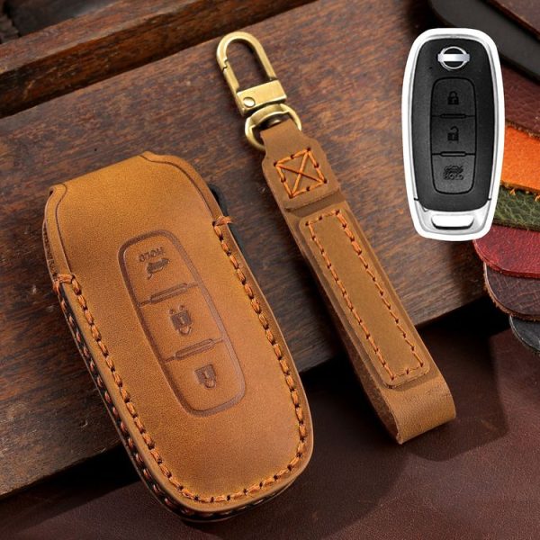Nissan Teana / Ariya 3-button Tail Box Hallmo Car Cowhide Leather Key Protective Cover Key Case (Brown)