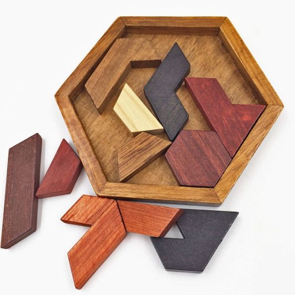 Children Wooden Toys Hexagon Puzzle Geometric Abnormity Shape Puzzle Tangram - Image 2