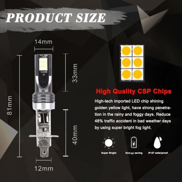 2 PCS H1 DC12V-24V / 12W / 3000K / 800LM 12LEDs SMD-3030 Car LED Fog Light (Yellow Light) - Image 8