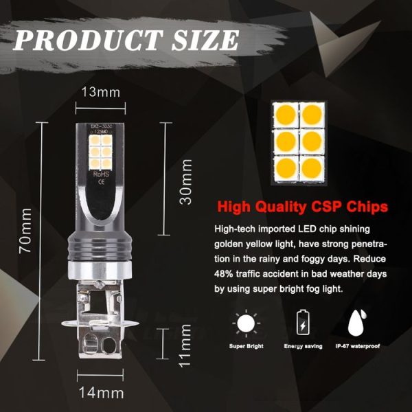 2 PCS H3 DC12V-24V / 12W / 3000K / 800LM 12LEDs SMD-3030 Car LED Fog Light (Yellow Light) - Image 8