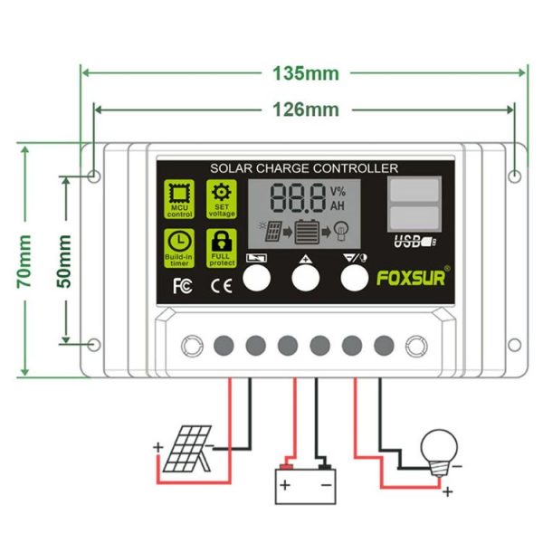 FOXSUR 30A Solar Charge Controller 12V / 24V Automatic Identification Controller - Image 5