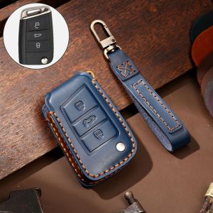 Hallmo Car Cowhide Leather Key Protective Cover Key Case for Volkswagen Lavida B Style (Blue)