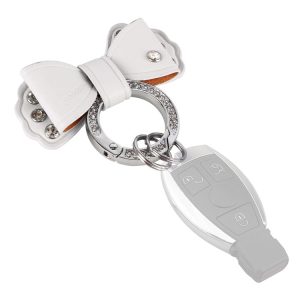 Bow Knot Shape Metal + Leather + Diamond Car Keychain (White)