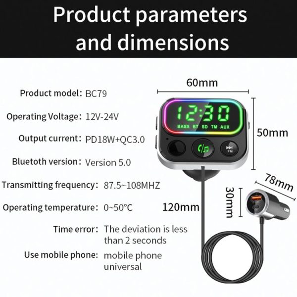 BC79 Car MP3 Bluetooth Player FM Transmitter QC3.0 PD18W Fast Charger - Image 3
