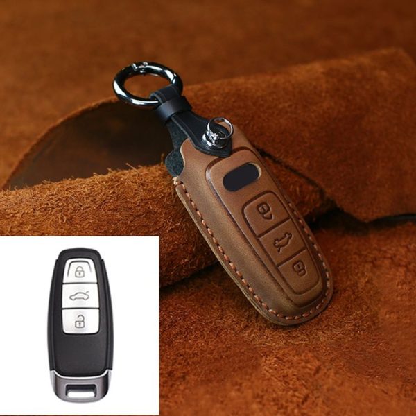 Audi Series Car Cowhide Leather Key Protective Cover Key Case, C Version 2018 and Above (Brown)