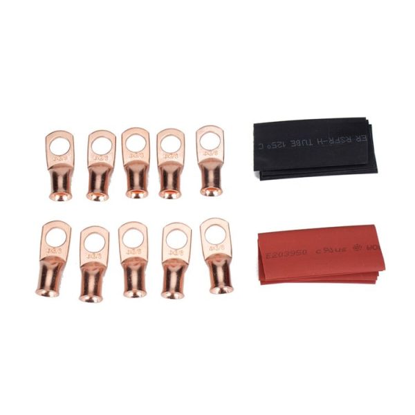 10 PCS AWG T2 Copper Heavy-duty Cold-pressed Wire Terminals 4 x 3 / 8 with Heat Shrinkable Tube