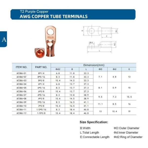 10 PCS AWG T2 Copper Heavy-duty Cold-pressed Wire Terminals 4 x 5 / 16 with Heat Shrinkable Tube - Image 5