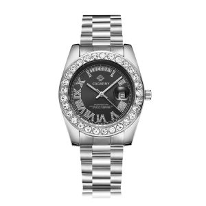 CAGARNY 6886 Diamond-encrusted Roman Numeral Dial Quartz Watch for Men (Silver Shell Black Dial)