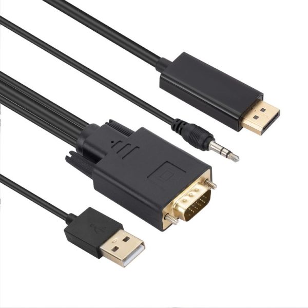 VGA to DisplayPort Adapter Cable with Audio Band Power Supply, Length: 1.8m (Black)