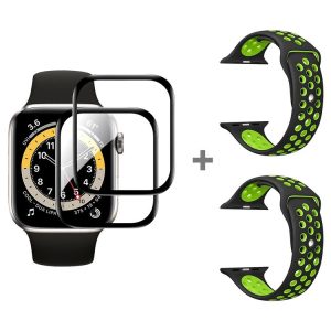Apple Watch Series 3&2&1 38mm 2pcs Silicone Watch Band with 2pcs Soft Film (Black Green)
