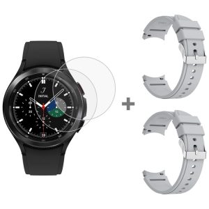 Samsung Galaxy Watch4 Classic 46mm 2pcs Silicone Watch Band with 2pcs Tempered Glass Film (Light Grey)