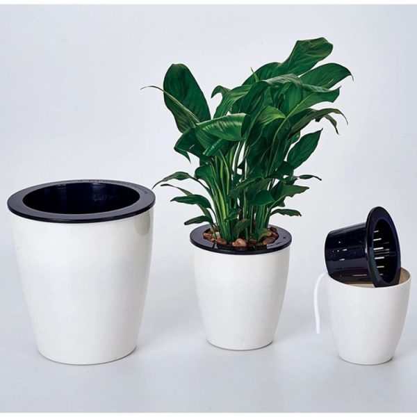 Lazy Flower Pots Automatic Water-absorbing Hydroponic Potted Plants Circular Resin Plastic Flower Pots Double-layer Design Self Watering Planter, Diameter: 11cm, Height: 10.3cm (White) - Image 9