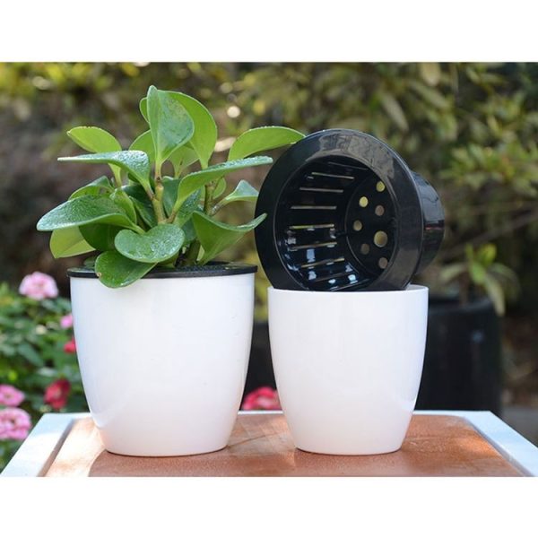Lazy Flower Pots Automatic Water-absorbing Hydroponic Potted Plants Circular Resin Plastic Flower Pots Double-layer Design Self Watering Planter, Diameter: 12cm, Height: 12.2cm (White) - Image 7