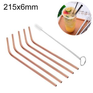 5pcs Reusable Stainless Steel Bent Drinking Straw + Cleaner Brush Set Kit, 215*6mm (Rose Gold)