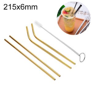 4pcs Reusable Stainless Steel Drinking Straw + Cleaner Brush Set Kit, 215*6mm (Gold)