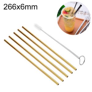 5pcs Reusable Stainless Steel Straight Drinking Straw + Cleaner Brush Set Kit, 266*6mm (Gold)