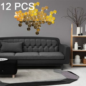 12 PCS 3D Hexagonal Mirror Wall Stickers Set, Size: 10*10cm (Gold)