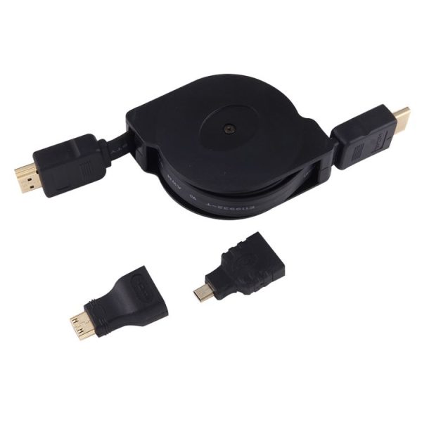 1m HDMI Male to HDMI Male Retractable Video Audio Connector Adapter Cable with Mini HDMI & Micro HDMI Adapters for HDTV Monitor & Projector & PC & Cameras & Tablets & Smartphones - Image 2
