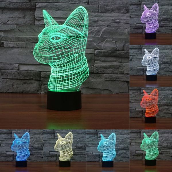 Side Face Cat Style 3D Touch Switch Control LED Light, 7 Color Discoloration Creative Visual Stereo Lamp Desk Lamp Night Light