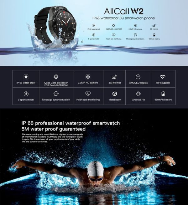 AllCall W2 Smart Watch Phone, 2GB+16GB, IP68 Waterproof, 1.39 inch Android 7.0, MTK6580 Quad Core up to 1.3GHz, Network: 3G, Heart Rate / Exercise Mode / 2.0MP Camera / GPS / Bluetooth (Tarnish) - Image 7