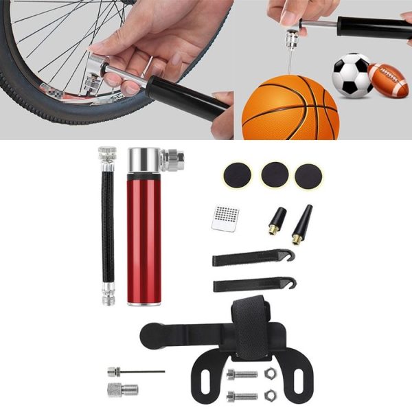 Manual Mini Portable Bicycle Aluminum Alloy Pump+ Glue-free Tire Patch + Fish-shaped Tire Lever (Red)