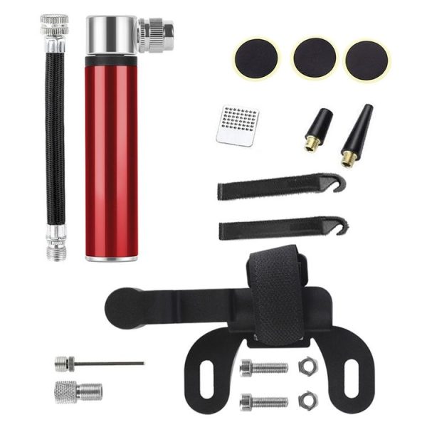 Manual Mini Portable Bicycle Aluminum Alloy Pump+ Glue-free Tire Patch + Fish-shaped Tire Lever (Red) - Image 2