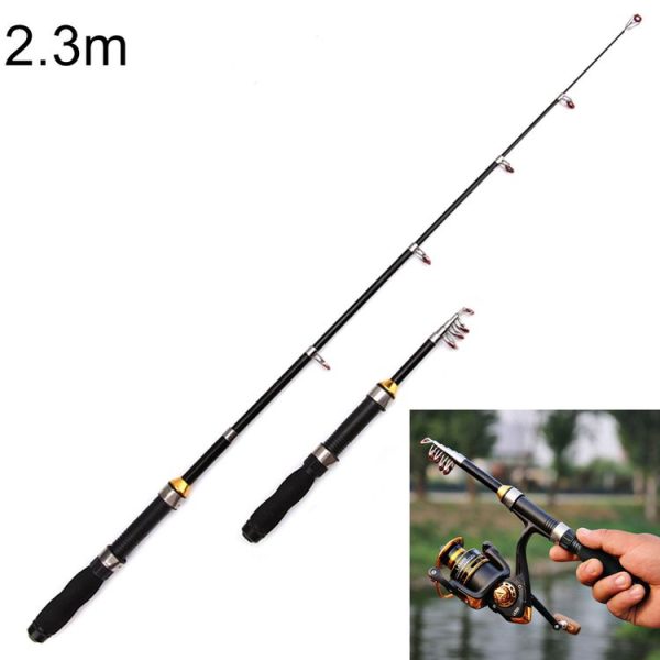 37cm Portable Telescopic Sea Fishing Rod Mini Fishing Pole, Extended Length: 2.3m, Black Tube-type Reel Seat