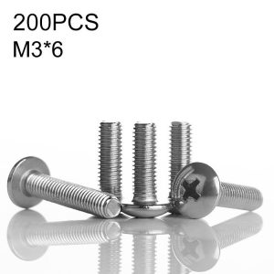 200 PCS 201 Stainless Steel Cross Large Flat Head Screw, M3x6