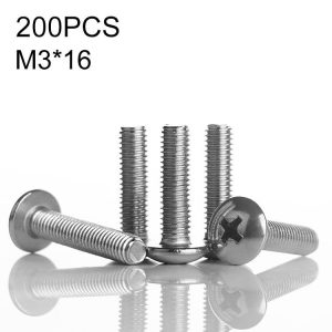 200 PCS 201 Stainless Steel Cross Large Flat Head Screw, M3x16