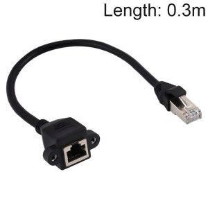 RJ45 Female to Male CATE5 Network Panel Mount Screw Lock Extension Cable, Length: 0.3m (Black)