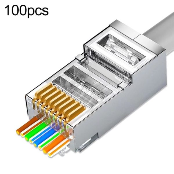 100pcs / Pack Cat6e Shielded Pass Through RJ45 Connector Modular Plug