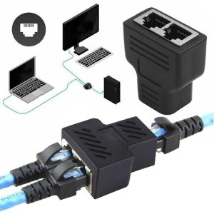 Crystal Network Straight Through Head-line Connector Terminal Female to Female Three Head RJ45 Interface Extension Device (Black)
