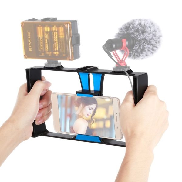 PULUZ Vlogging Live Broadcast Smartphone Video Rig Filmmaking Recording Handle Stabilizer Bracket for iPhone, Galaxy, Huawei, Xiaomi, HTC, LG, Google, and Other Smartphones (Blue)