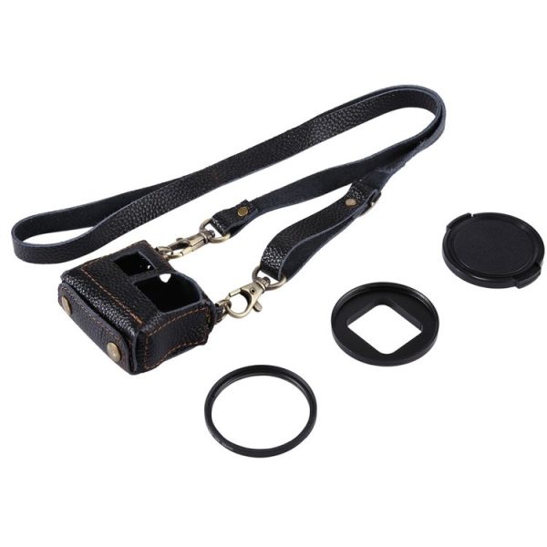 PULUZ for GoPro HERO7 Black / 6 / 5 Litchi Texture Genuine Leather Housing Case with Set Key Hole & Neck Strap & 52mm UV Lens (Black) - Image 6