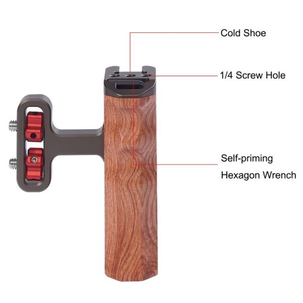 PULUZ Universal Side Wooden Handle Handgrip with Cold Shoe for DSLR Camera Cage (Bronze) - Image 3