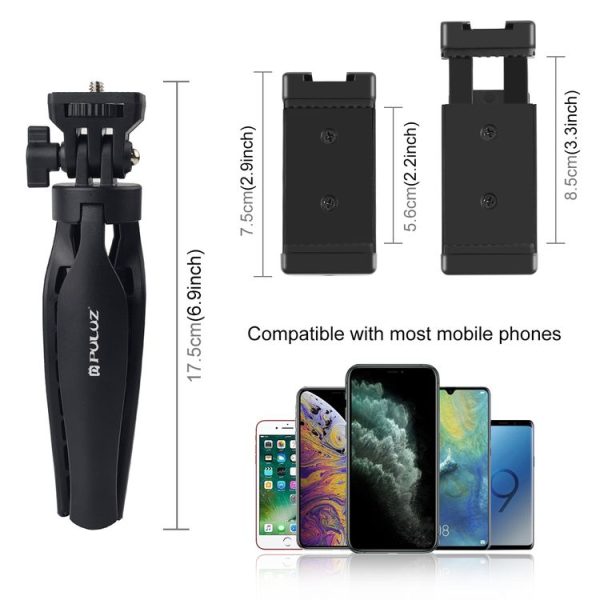 PULUZ Desk Plastic Tripod Mount with Phone Clamp & Adjusting Tripod Head for Smartphones (Black) - Image 3