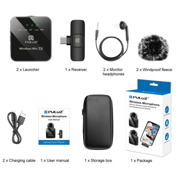 PULUZ Wireless Lavalier Microphone for Type-C Phone, Type-C Receiver and Dual Microphones (Black) - Image 11