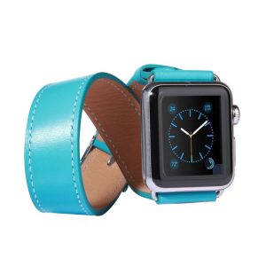 Apple Watch 42mm Double Circle Style Metal Buckle Cowhide Leather Watch Band with Connector (Blue)
