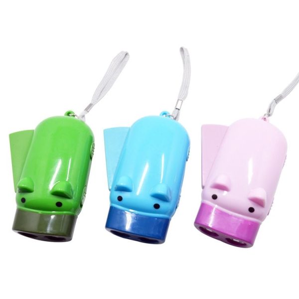 3 PCS Hand Press Powered Cartoon Pig Shaped Flashlight, Emergency LED, 2 Lights, with Strap, Random Color Delivery - Image 3