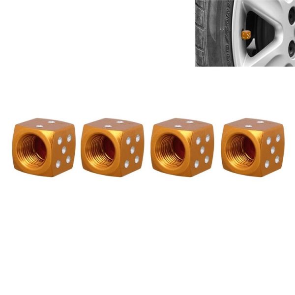 Universal 8mm Dice Style Aluminium Alloy Car Tire Valve Caps, Pack of 4 (Gold)
