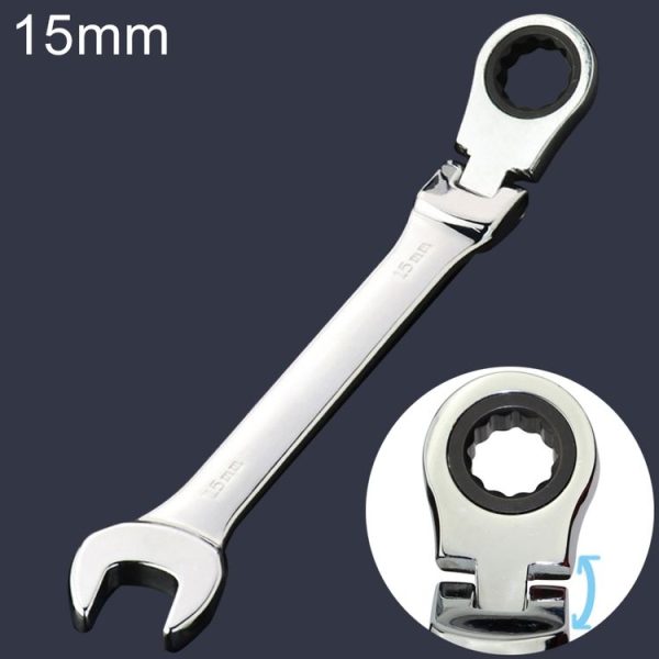 15mm Dual-use Opening Plum Ratcheting Angled Wrench, Length: 19.5cm (Silver)