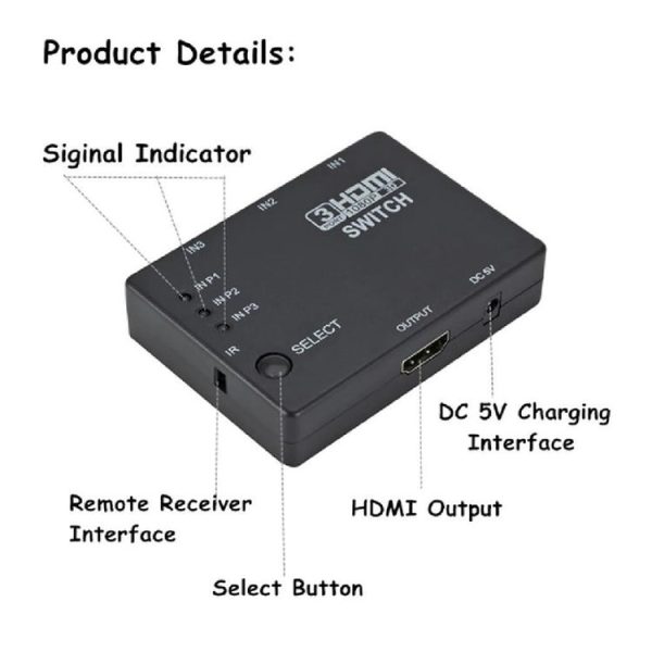 Full HD 1080P 3D HDMI 3x1 Switch with IR Remote Control - Image 4