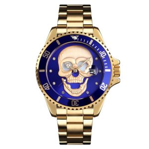 SKMEI 9195 Fashion Water-inlaid Drill Skull Nightlight Waterproof Quartz Watch Steel Strip Watch for Men (Golden Blue)