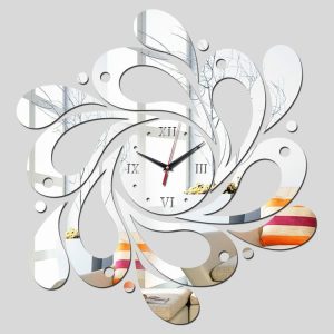 Home Crystal Acrylic Quartz Mirror Clock Jewelry Clock Petal Pattern Clock (Silver)