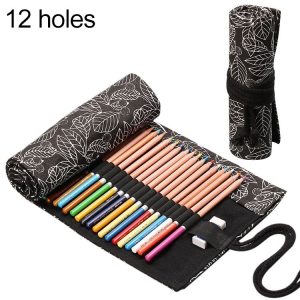 Cute Leaf Portable Canvas School Pencil Case Pen Bag Stationery Pouch (Black leaf 12 holes)