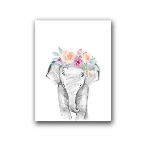Children Room Decoration Painting Cute Animal Head with Flower Frameless Painting Core, Size: 20x25cm (Elephant)