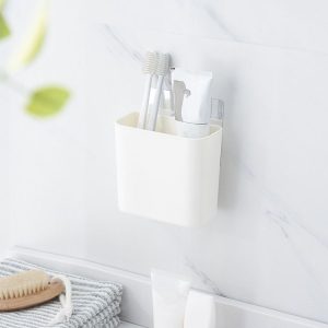 Bathroom Rack Wall-mounted Suction Cup Free Punch Storage Box Washstand Toothbrush Toothpaste Rack (White)
