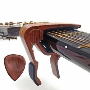 2 in 1 Solid Wood Folk Music Guitar Capo + Pick Set (Dark Wood)