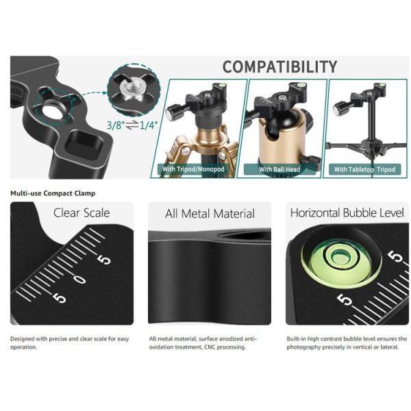 YJ25 Mini Fish Bone Style Aluminum-Magnesium Alloy Quick Release Clamp For Arca-Swiss, With Bubble Level And 3 / 8-Inch Screw Hole And 1 / 4-Inch Adapter Screw - Image 7